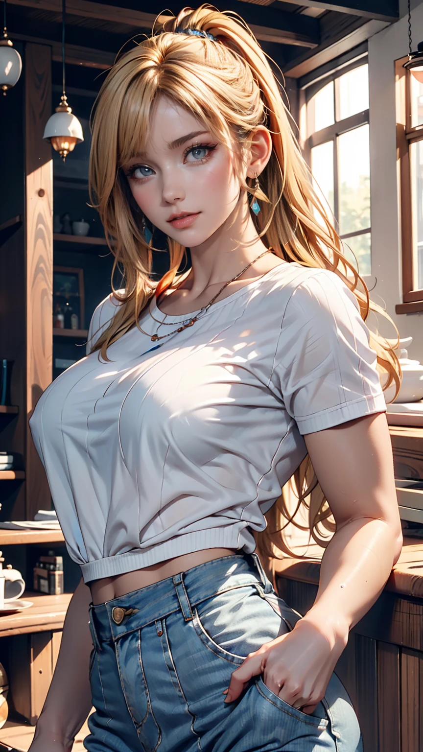 drooping eyes, realistic skin, ((round face, smiling)), unbuttoned various pattern thin casual dress, showing off dark pubic hair in the dark, nipple, swollen areolas, standing and spread legs, (((strong sunlight))), braid, blond, windy