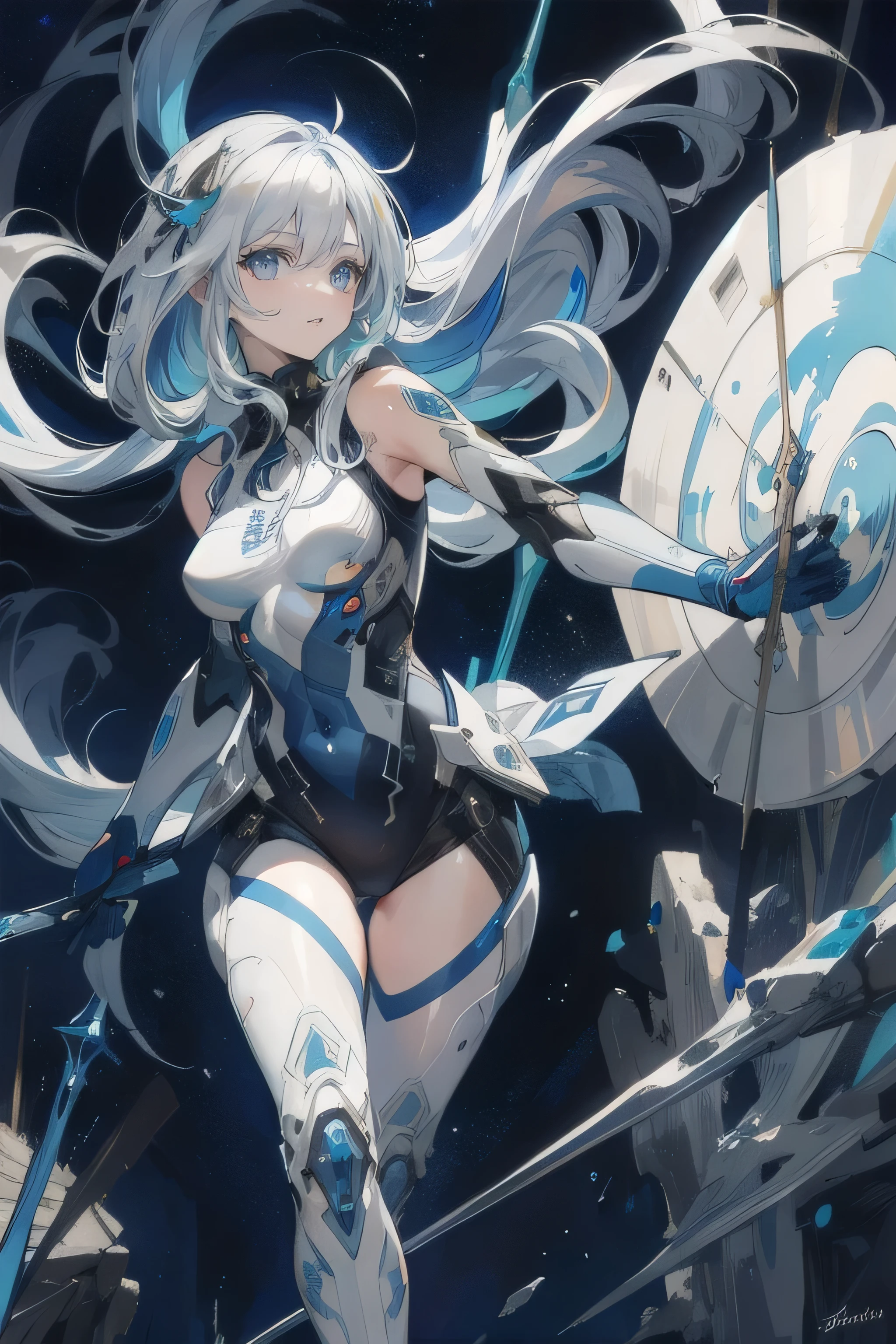 (masterpiece), (best quality), ultra detailed, finely detailed color, cenematic painting, (Top image quality), (Ultra Detailed), (Facing forward), top quality, masterpiece, (((1 girl))), Silver Hair, white hair, ((Long hair)), (deep blue eyes:1.6), night, urban, ((throwing spear)), ((high leg)), ((bare legs)), ((sleeveless)), battle suit, bodysuit, mecha suit, black suit