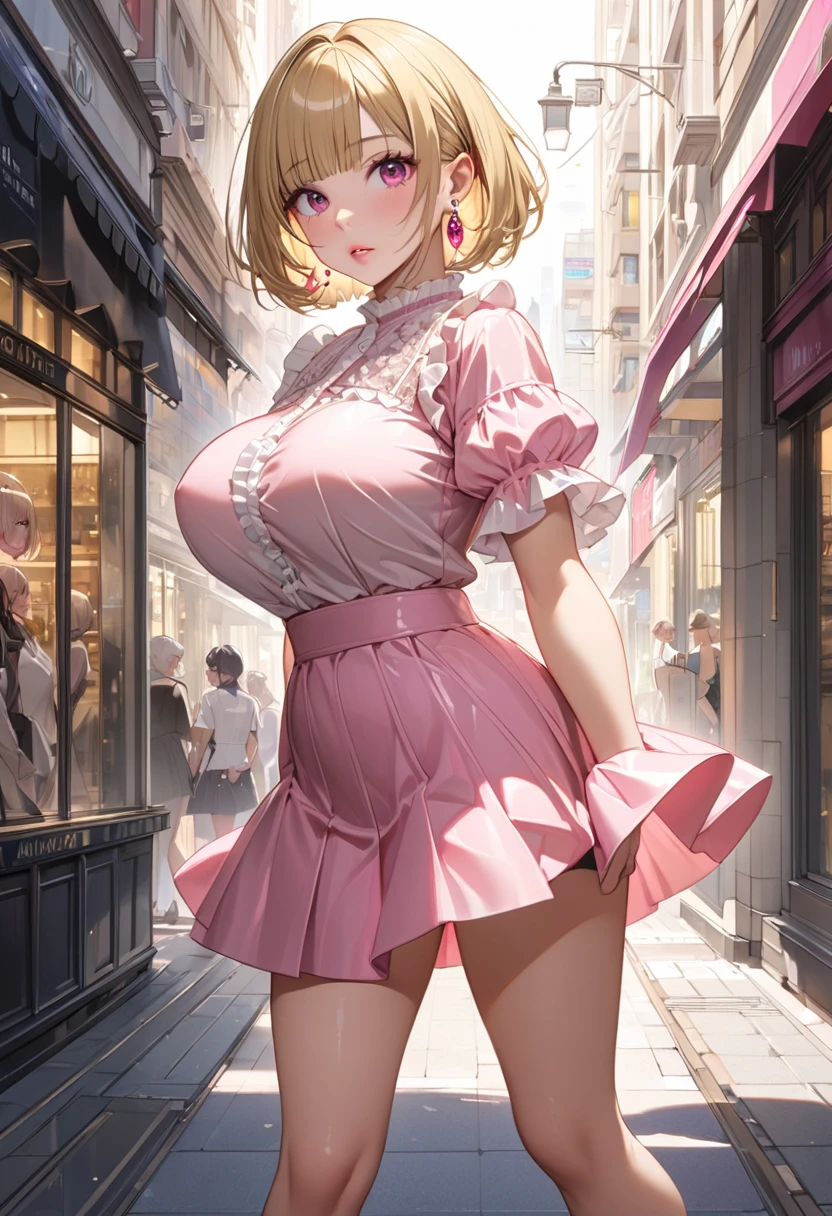 best quality,((((1girl)))),((big breasts:1.3)),curvy,((orgasm,blush:1.3)),sweat,Djeeta_a,blonde hair, short hair, Brien eyes, ((djeeta one piece dress,mini skirt,lift skirt,upskirt,lace panties,white panties,black kneehighs,pussy juice:1.1)),full body,forest,forest林,walking,from behind
