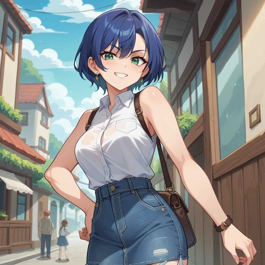 Woman, green eyes, smirk, anime screencap 2d, adult woman, Decollete, , nsfw,  breasts, puffy blouse Sleeveless, denim skirt 