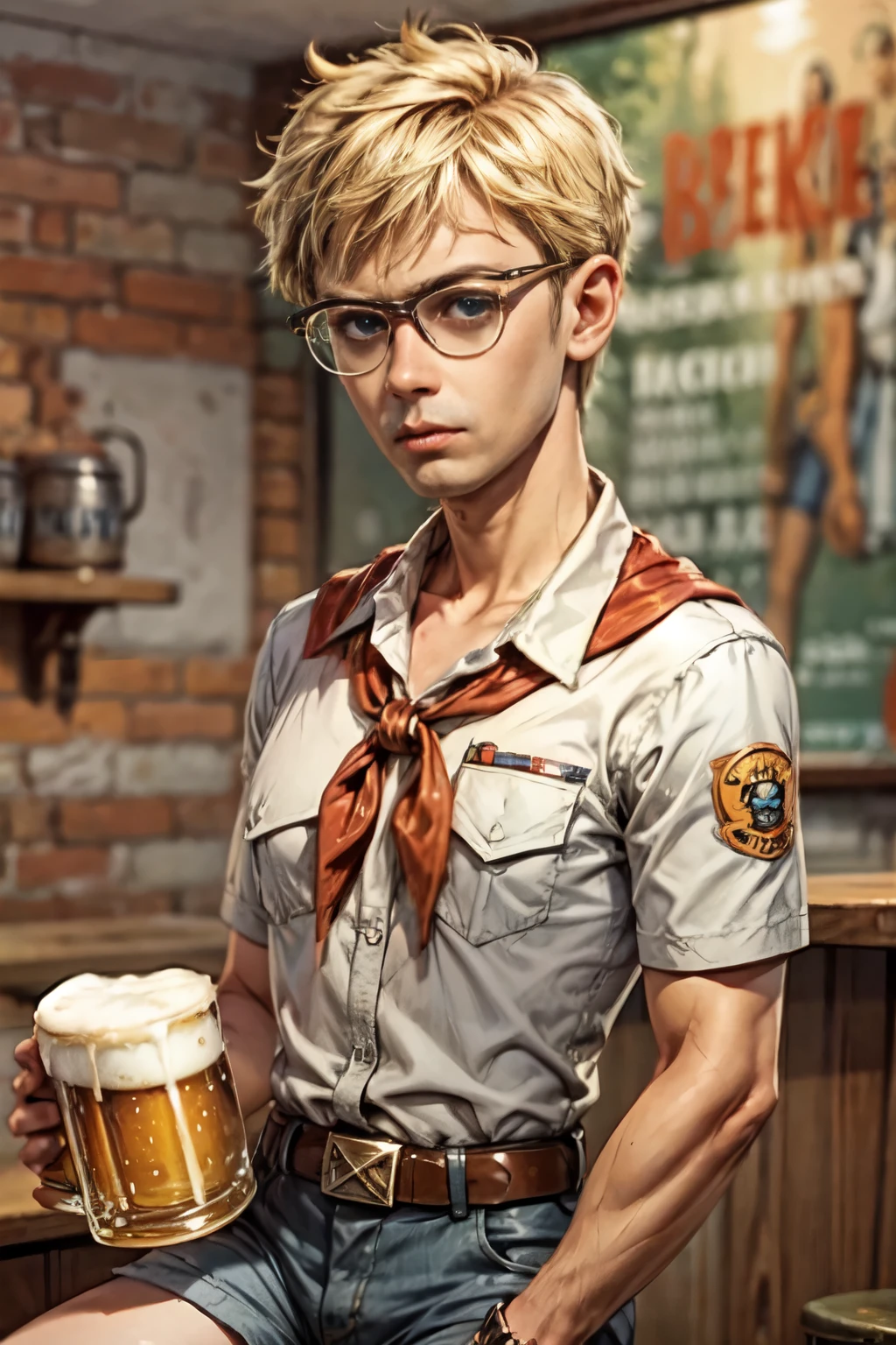 16k wallpaper, masterpiece, detailed style, anime_source, 1 boy, shurik, blonde hair, blue eyes, glasses, pioneer neckerchief, blue shorts, bangs, shirt, collarbone, white shirt, short sleeves, collared shirt, belt, neckerchief, red neckerchief, pocket, breast pocket, sitting at the school bar, (hold big mug of beer in hand:1.3), drink beer