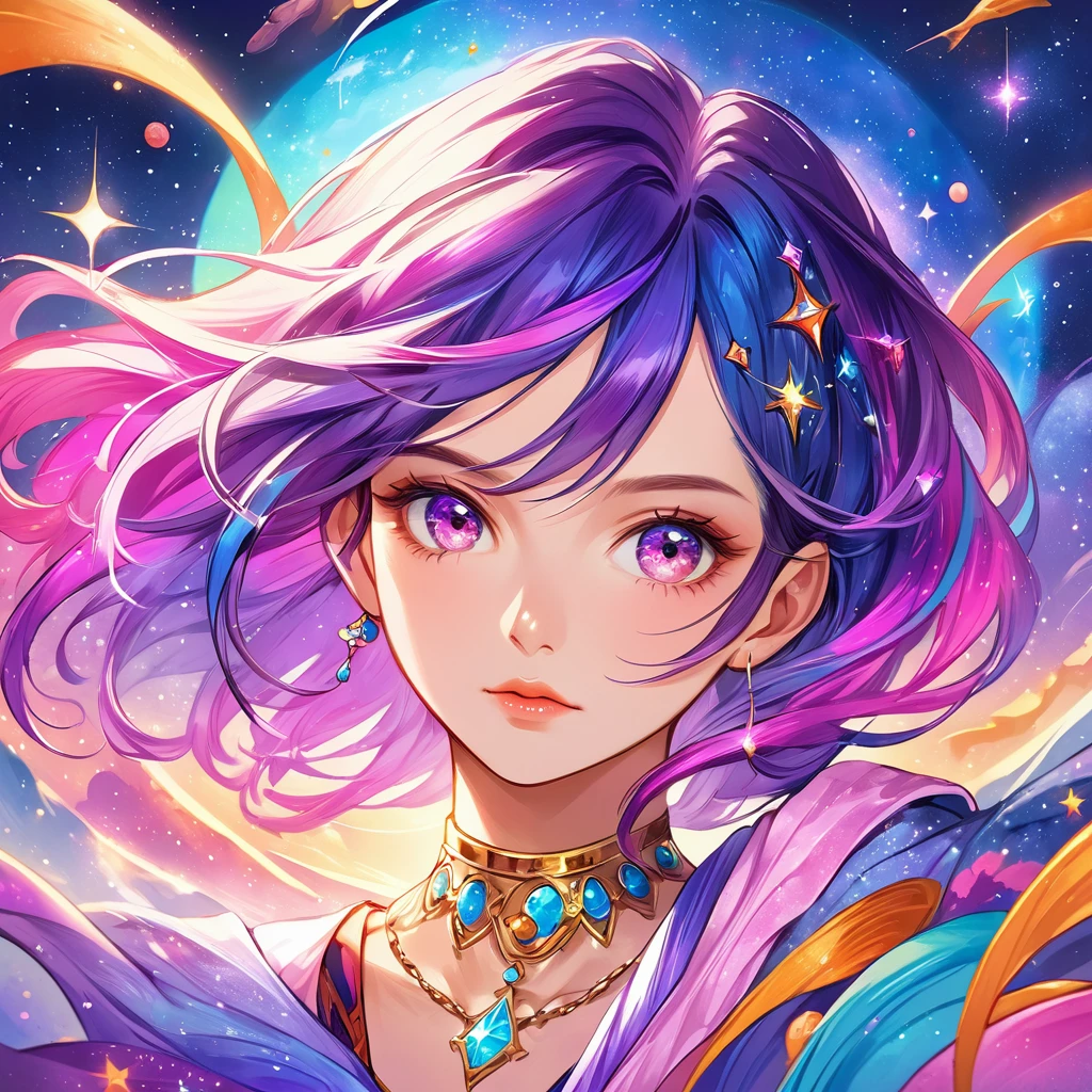 Create a captivating and vibrant anime character named Starlight, a celestial being with a unique and mesmerizing appearance. Starlight should possess ethereal beauty, a cosmic aura, and radiate an otherworldly charm. Their attire should be an intricate blend of cosmic elements, featuring shimmering, iridescent fabrics that reflect the colors of the universe. Pay meticulous attention to the character's facial expressions and posture, ensuring they exude an enchanting and graceful demeanor. Render Starlight in high-resolution, hyperrealistic detail, emphasizing the interplay of light and color in their design. The character should evoke a sense of wonder and fascination, embodying the essence of cosmic elegance and grace. This artwork should be a visual masterpiece that captivates the viewer and celebrates the allure of the celestial.