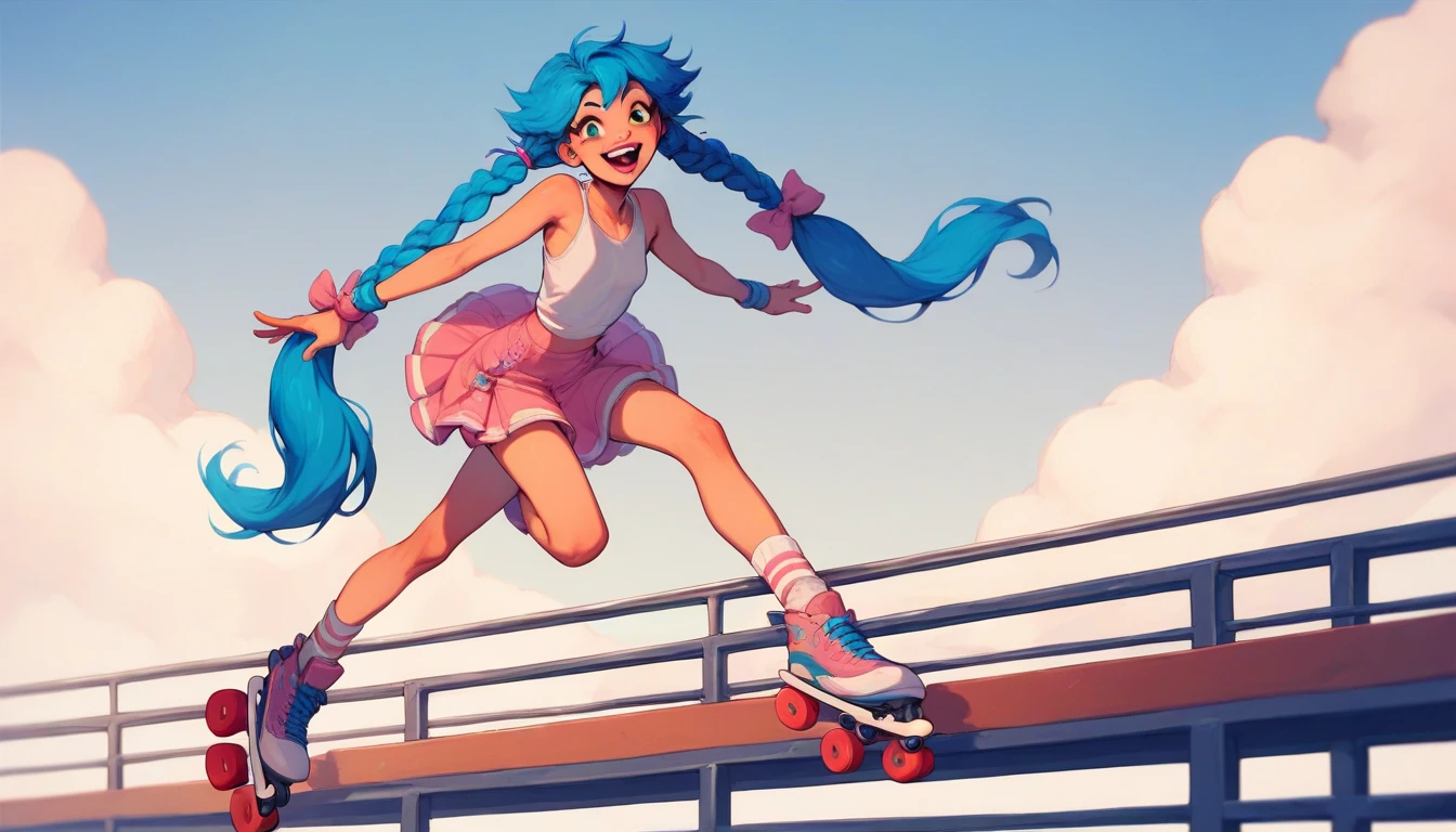 A pretty girl with slender frame, small breasts, blue hair in two long braided pigtails, wearing rollerblades, standing and posing dynamically on a railing, crazy smile,