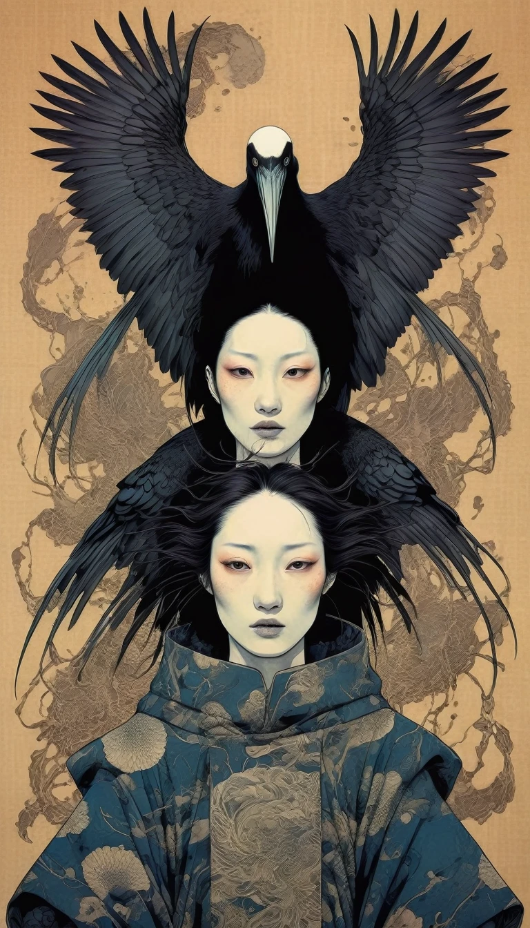 by Tsutomu Nihei,(strange but extremely beautiful:1.4),(masterpiece, best quality:1.4),in the style of nicola samori,Mantis, Ukiyo-e Art,Erik Madigan Heck Style page,,illustration,drawing,outline,bold outline,symmetry,tattoo design ,Alex Gross Style page, storks and raven