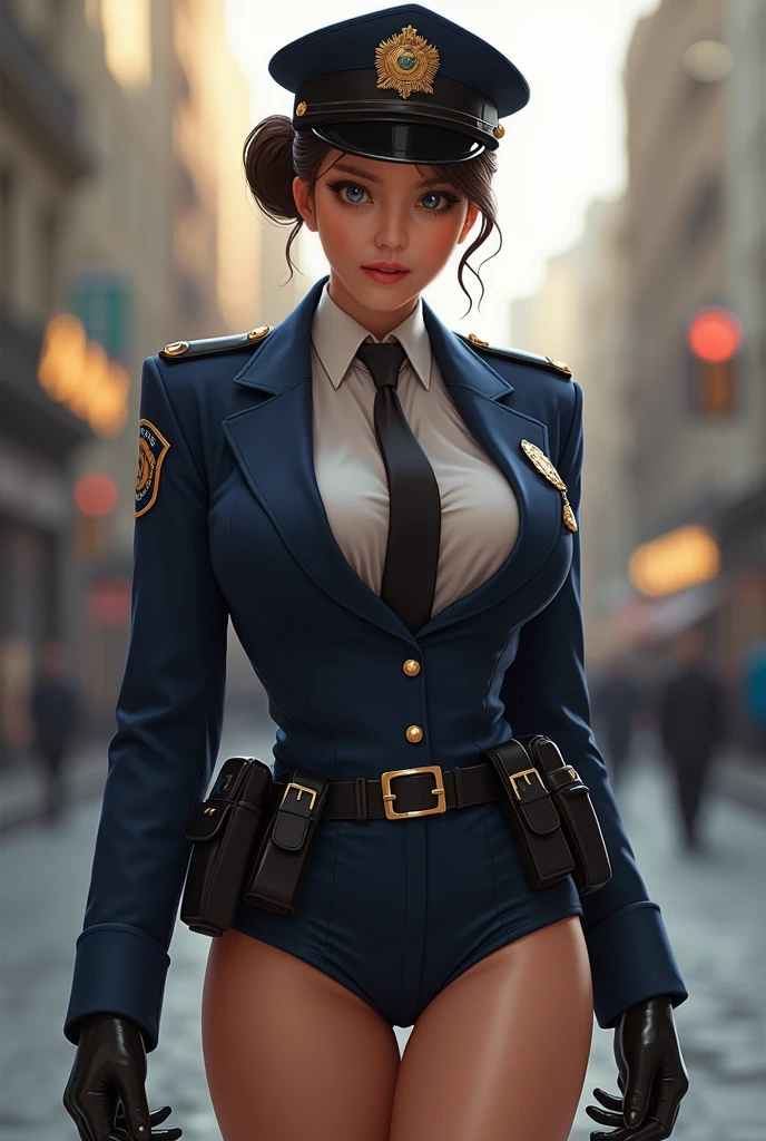Solo, (Police Uniform, Policewoman), Stockings, City Lights, (Looking at the audience: 1.3), Lips Apart, Red Lips, Shiny Skin, Skin Dents, Best Quality, Ultra High Resolution, (Realism: 1.4),