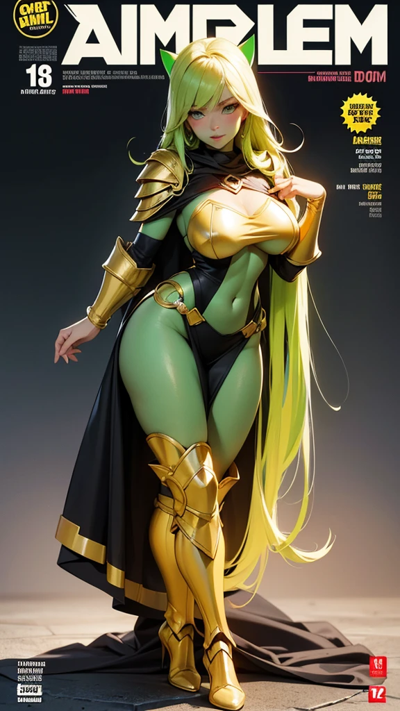 Cartoon photo of woman in green and red costume, hot insect humanoid woman, Guyver style, SFW version, red eye, scarab reploid, bellows tail, cel shade adult animation, alien queen, serpentine pose,