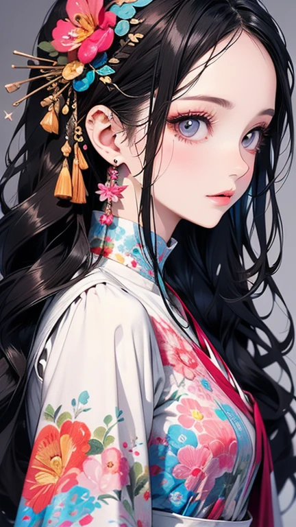 Colorful beautiful girl:Gil 8 years old、hair messy、an oil painting、soft skin perfect face、blue yellow colors、Add light purple and purple、Adding bright red、intricate-detail、Splash Screen、8K分辨率、masterpiece、cute face、ArtStation Digital Painting Smooth Very Black Ink Flow:An 8K resolution photorealistic masterpiece:Intricately detailed fluid gouache painting: by Jean-Baptiste Mongue: shodo: acrylic: watercolor paiting、professional photograpy、natural soft light、Volumetric lighting maximalist photo illustration: by Merton Bobzart:, Convoluted, elegent, immensity, Fantastical, hair wavy, with a vibrant,Gothic lolita、Menhera、Luxury、thin、breasts are small、1girl, Beautie、Beautuful Women、ren、kawaii、glares、Eyebrows are visible、short bangs、Dripping、colourfull、pop music、Full of piercings、Full of tattoos、Body Paint、Sprinkle paint、chibi,Slender narrow eyes。fine-grained fair skin。Plump cheeks。Long black hair with a smooth sheen。the body shape is slender。smaller face。A small nose with a nasal muscle。Gentle mouth。long lashes。lower eyelashes。a sailor suit。