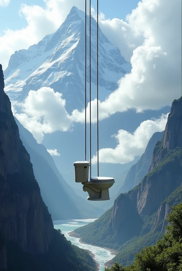 Create a dynamic, imaginative image featuring a toilet (🚽) suspended by long ropes in seven breathtakingly unique travel locations. Each scene should blend realism with surreal beauty, capturing both the vastness and detailed beauty of each environment. The toilet should appear suspended mid-air by ropes in a way that feels both adventurous and out-of-place within the stunning landscapes. The locations should include: Majestic mountain range: A towering, snow-capped peak surrounded by jagged cliffs and dramatic clouds, with a breathtaking vista of valleys and glaciers below.