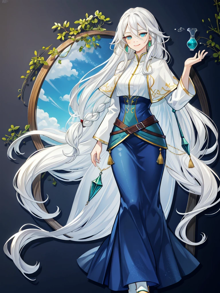 (high quality,HD,4k) short woman, mature woman, very long hair, white hair, wavy hair, emerald eyes, freckles, smiling, blue traveller clothes, athletic, potions, fullbody, dark fantasy