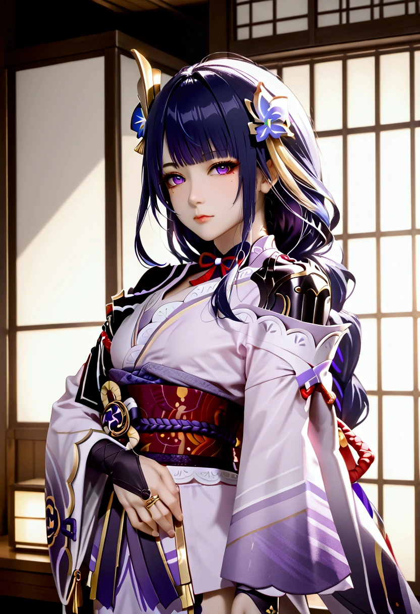 raiden_shogun_ckxl, long hair,streaked hair,two-tone hair,sidelocks,hair ornament,highres,blunt bangs,bridal gauntlets,long sleeves,low ponytail,short kimono,shoulder armor, stand, Confident pose, Room, Displeased face, Beautiful view, good atmosphere