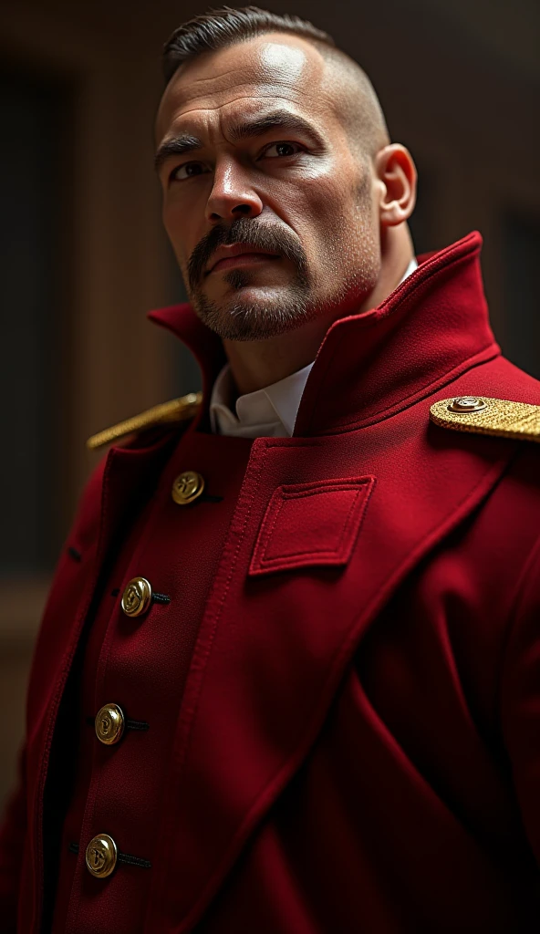 A photorealistic portrait of M. Bison, the iconic antagonist from the Street Fighter video game series, in a hyper-detailed, photo-realistic style, 1 character, detailed facial features, intense gaze, muscular physique, red military uniform,dramatic cape, wears a distinct peaked cap,dramatic lighting, cinematic composition, ultra-detailed, 8K, photorealistic, masterpiece