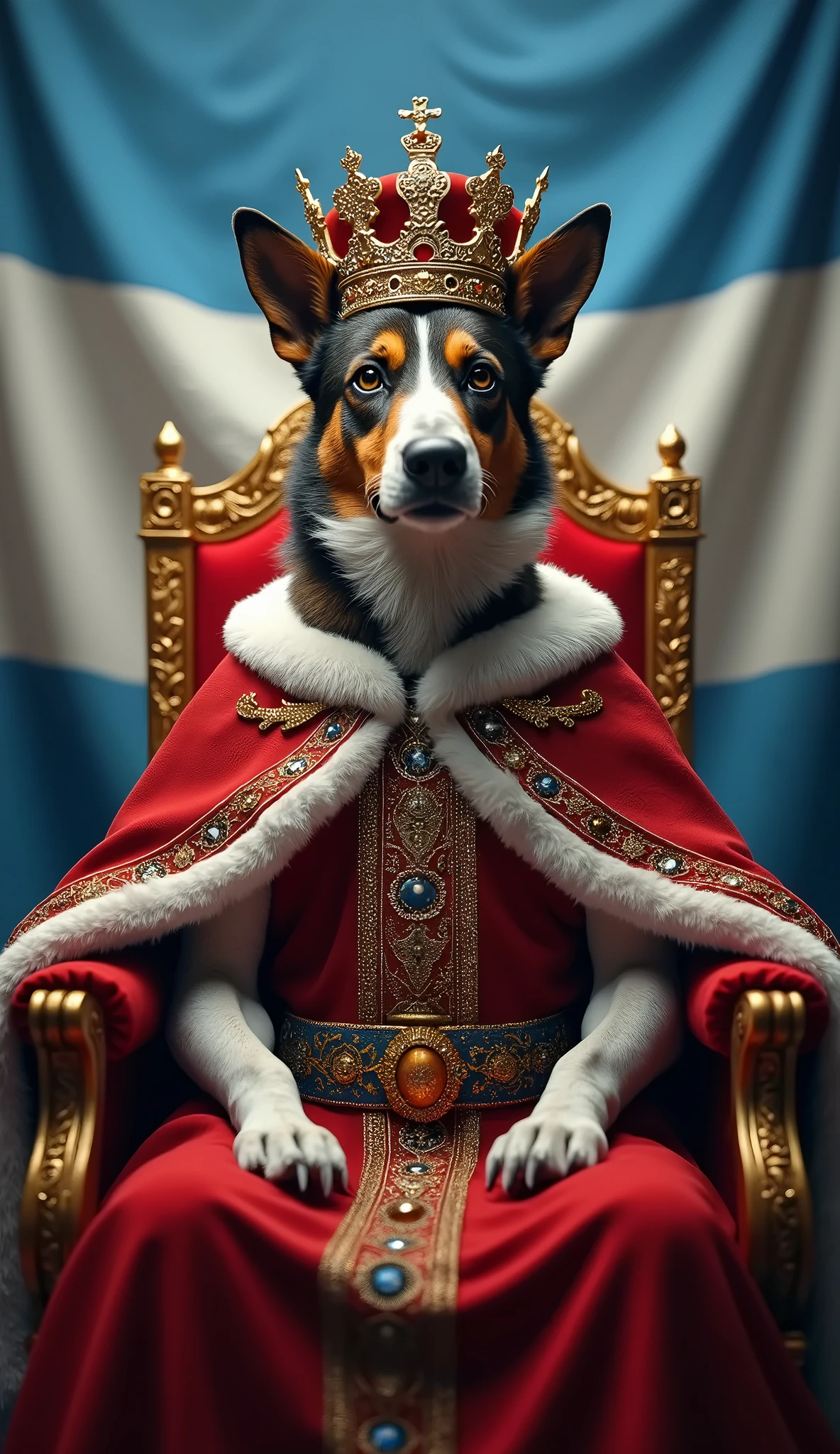 Create a king with the head of a dog sitting on the throne of majesty and the Argentinian flag in the background