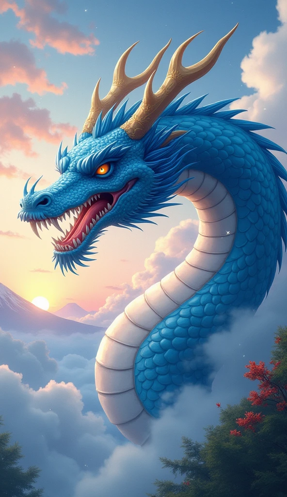 Chinese style blue dragon,Background volcano,fighting stance,fierce,like a fighter