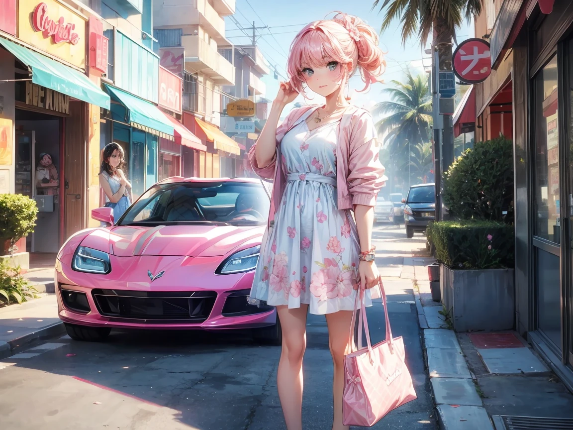 Make another scene in the same style, Barbie is now outside the perfume shop, Now she holds the perfume shop bag, She was about to get in the car, her car is a C1 Corvette, Pink and white, C1 Corvette, She was wearing a pink and white checked dress,The background is a California city in the 1980s, There are palm trees and many pink flowers.