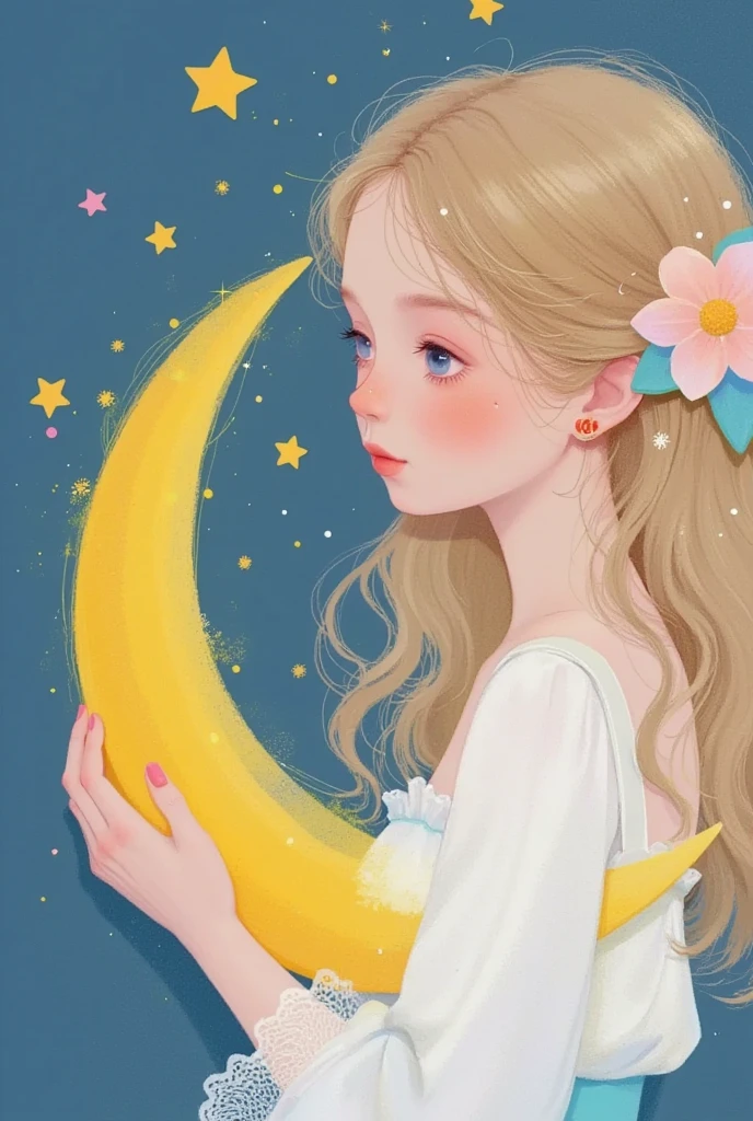 一个天使抱着一个moon的特写镜头, Star，moon， exquisite digital art, 可爱的数字艺术, Lovely art style,  cute digital painting , Realistic cute girl painting,  Lovely illustrations , Exquisite painting style,  Dreaming of Flying Through the Sky ,  可爱的细节艺术品 ,  软萌动漫插画, author：Li Song, author：The J, Beautiful digital illustrations