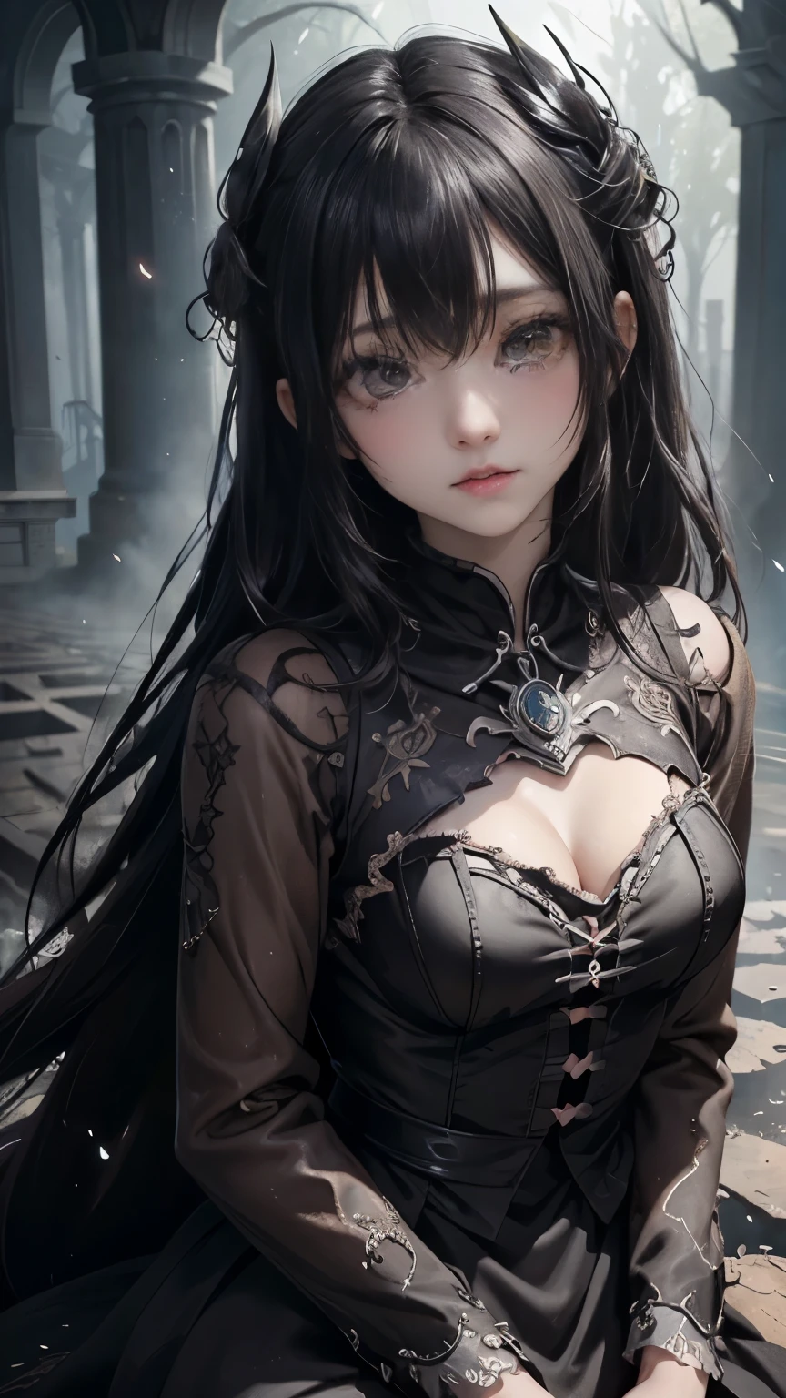 (a girl with) Aura-like gothic lighting, realistic Gothic-style artwork, detailed skeleton impaling itself with a sword in the neck, dark atmospheric background, high-res masterpiece:1.2, ultra-fine painting, professional, vivid colors