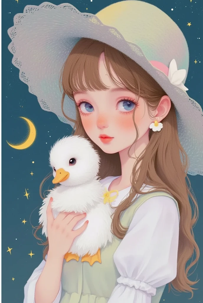 Closeup of a girl in a hat holding a duck, Star，moon， exquisite digital art, 可爱的数字艺术, Lovely art style,  cute digital painting , Realistic cute girl painting,  Lovely illustrations , Exquisite painting style,  Dreaming of Flying Through the Sky ,  可爱的细节艺术品 , Holding a white duck , 软萌动漫插画, author：Li Song, author：The J, Beautiful digital illustrations