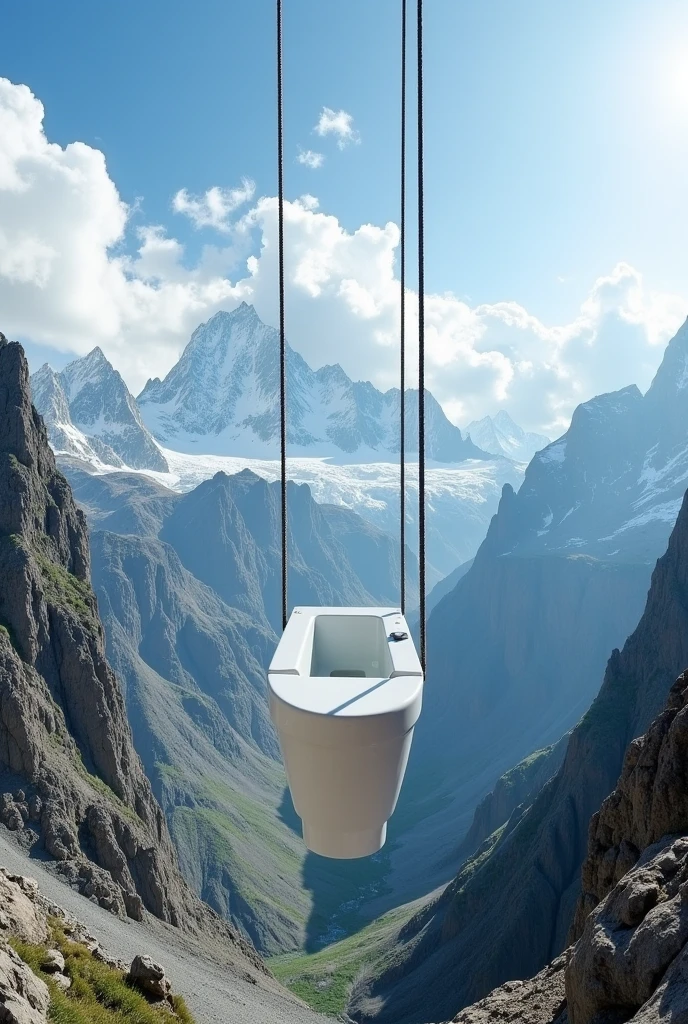 Create a hyper-realistic, dynamic image featuring a toilet (🚽) suspended by long ropes in seven stunning, imaginative locations. The scene should be depicted in a zoomed-in view, capturing the intricacies of each environment with a holographic 360° perspective. The focus should be on the immersive backdrop, allowing for a full, panoramic view of the surroundings as if the viewer is experiencing the scene in real-time. The toilet should be hanging prominently, but the true emphasis should be on the vibrant, detailed backgrounds. Locations include: Majestic mountain range: A zoomed-in view of jagged, snow-capped peaks with glaciers stretching out below. Clouds swirl dynamically around the summit, revealing valleys and ridges in sharp focus. The 360° view should capture the vast, expansive landscape from every angle, with rocky terrain and distant cliffs visible in all directions