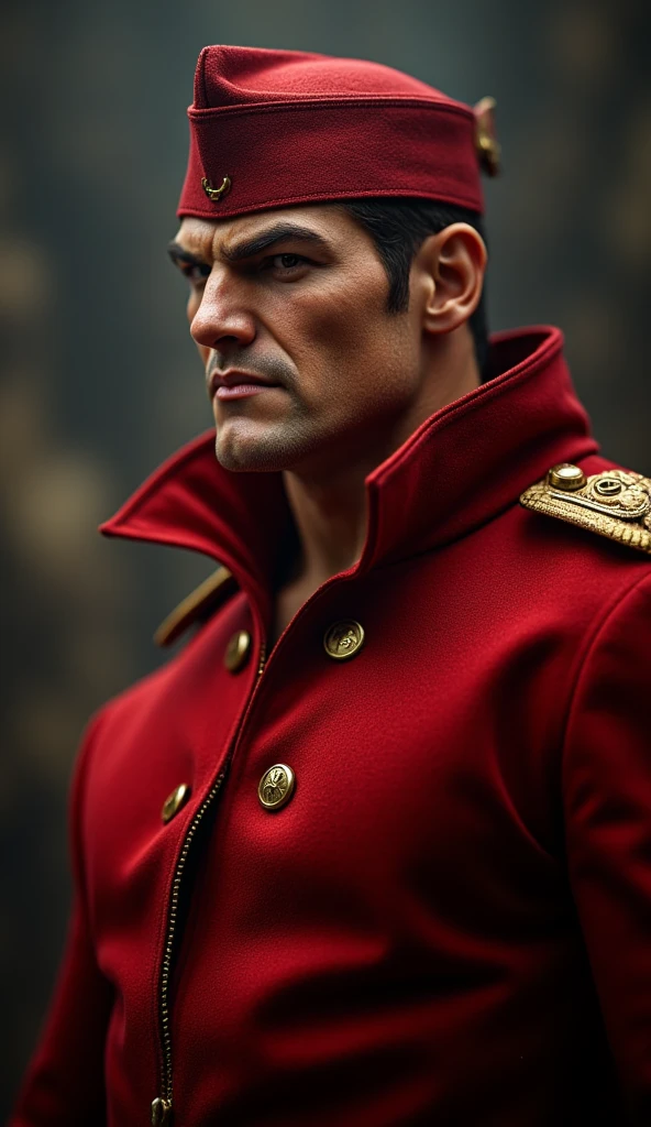 A photorealistic portrait of M. Bison, the iconic antagonist from the Street Fighter video game series, in a hyper-detailed, photo-realistic style, 1 character, detailed facial features, intense gaze, muscular physique, red military uniform,wears dramatic cape, wears a distinct peaked cap,dramatic lighting, cinematic composition, ultra-detailed, 8K, photorealistic, masterpiece