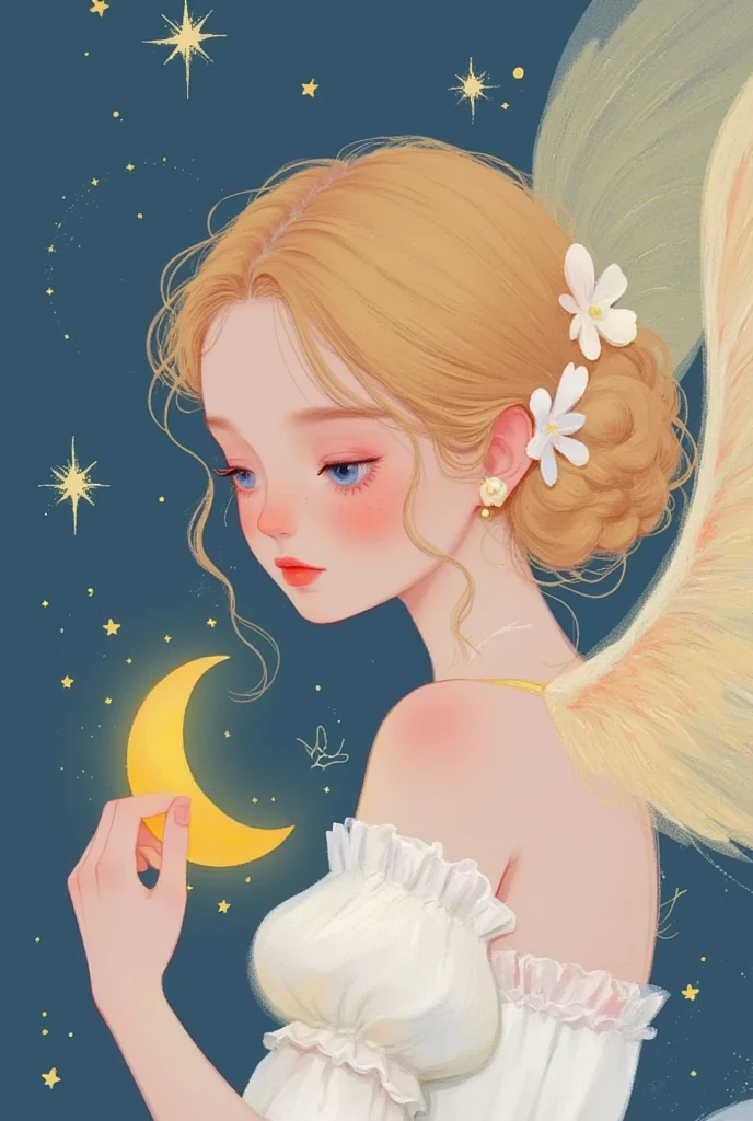 一个天使抱着一个moon的特写镜头, Star，moon， exquisite digital art, 可爱的数字艺术, Lovely art style,  cute digital painting , Realistic cute girl painting,  Lovely illustrations , Exquisite painting style,  Dreaming of Flying Through the Sky ,  可爱的细节艺术品 ,  软萌动漫插画, author：Li Song, author：The J, Beautiful digital illustrations