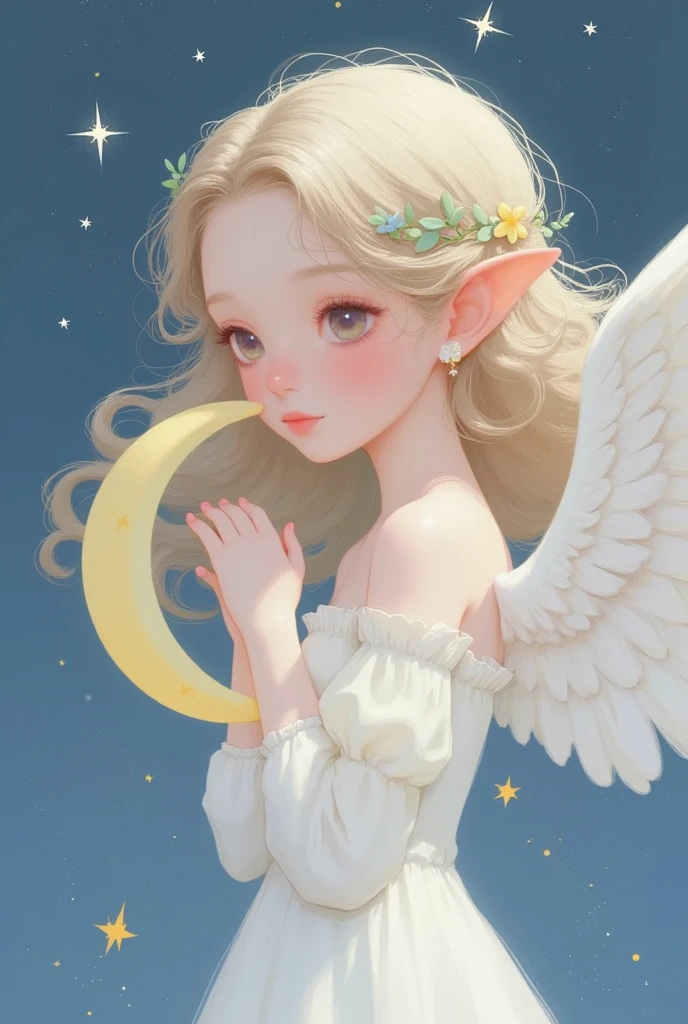 一个天使抱着一个moon的特写镜头, Star，moon， exquisite digital art, 可爱的数字艺术, Lovely art style,  cute digital painting , Realistic cute girl painting,  Lovely illustrations , Exquisite painting style,  Dreaming of Flying Through the Sky ,  可爱的细节艺术品 ,  软萌动漫插画, author：Li Song, author：The J, Beautiful digital illustrations