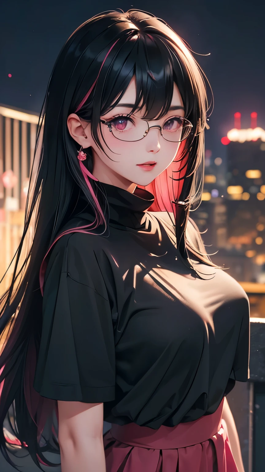 ((masterpiece)), newest, absurdres, safe, (beautiful girl), woman, anime girl, anime, ((long black stright hair with bangs)), (smoth hair), black dark hair, ((black hair under pink smooth color mixed)), (bautiful detailed hair), pink eyes, her expression is intense and focused, (half body), wearing elegant glasses, (wearing ear piercing), ((wering random y2k fashion)), (wearing random turtleneck clothes), (wearing y2k outfit), looking viewer, colored skin, multicolored hair, black-grey hair, :D, sexy smile, ((doing archery sports)), (perfact Fingers), (fingers details), texture, ((shooting renge area background)), elegant, princess, (HD), ((4k resolution)), (high quality cg), (beautiful cg), soft light, (in the night), ((super details)),