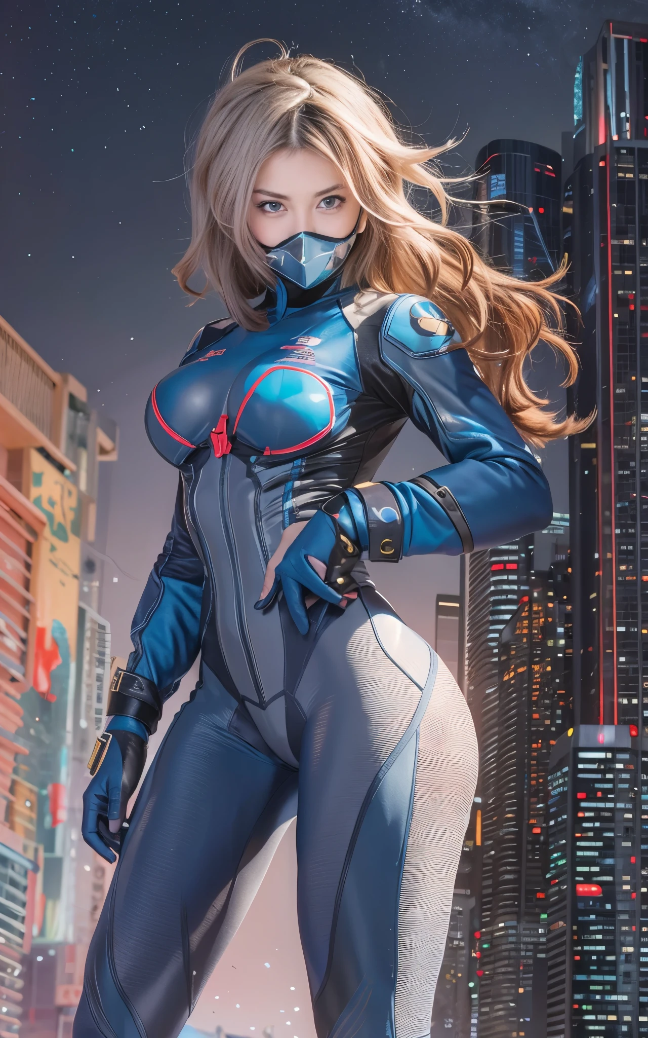 ((Best Quality)), ((masutepiece)), (Detailed: 1.4), (Absurd), Caucasian female fighter pilot ready for war, front walking, muscular sculptural body defined, Closed mouth, muscular body covered by technological clothing, Neon Genesis Evangelion Suit, Cyberpunk, generous neckline,  ((perfect large breasts)), (blue eyes without pupils), long manga-style eyelashes, close to real, Crazy face, Sexy Pose, Centered, scale to fit the dimensions, nffsw (High dynamic range),Ray tracing,Hyper-Resolution,Unreal 5,Subsurface Dispersion, PBR Texture, Post-processing, Anisotropy Filtering, depth of fields, Maximum clarity and sharpness, Multilayer textures, Surface Shading, accurate simulation of light and material interactions, Perfect proportions, thirds rule, top-quality, in 8K, ultra-detailliert, Being on the roof of a skyscraper, Smooth bodysuit, zero suit