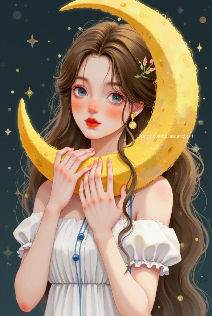 一个天使抱着一个moon的特写镜头, Star，moon， exquisite digital art, 可爱的数字艺术, Lovely art style,  cute digital painting , Realistic cute girl painting,  Lovely illustrations , Exquisite painting style,  Dreaming of Flying Through the Sky ,  可爱的细节艺术品 ,  软萌动漫插画, author：Li Song, author：The J, Beautiful digital illustrations