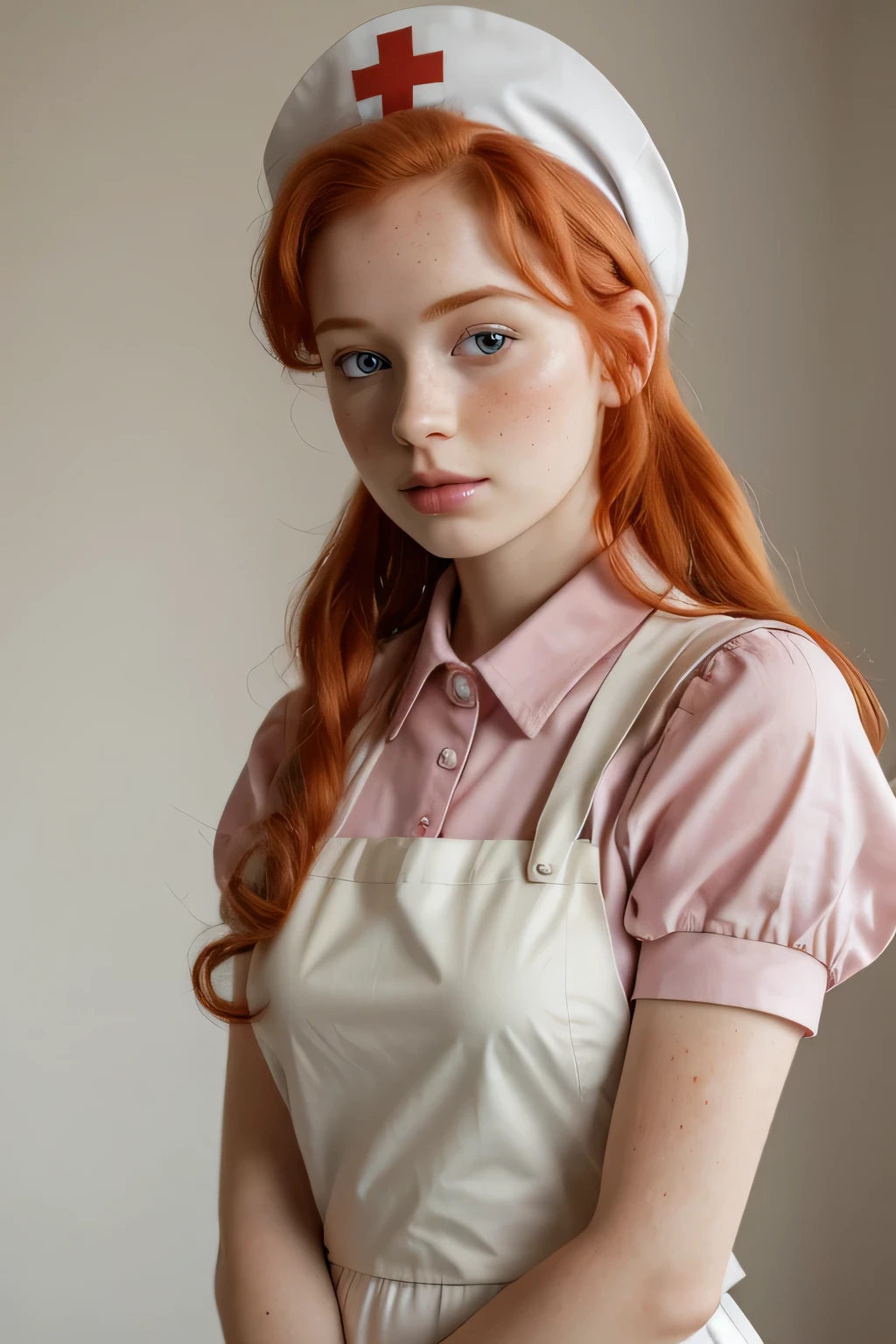 1girl in, age21, Madelaine Petsch, photo of perfect woman, 5'3", Solo, Aesthetic artwork, (irish  redhead, wavy ginger hair, shoulder length ginger hair:1.25), (some small freckles, pale skin, small breasts, B-cup, runners body, very thin waist, skinny, petite, detailed skin texture), (blank background, plain background, blank wall, (wearing an Pink knee length poofy collard shirt dress, voluminous silhouettes, White apron, nurses cap, big bow on back, nurse Joy from pokémon, nurse Joy cosplay), (extremely detailed 8k wallpaper), soft lighting, high quality, film grain, Fujifilm XT3 sharp focus, f 5.6, 50mm, High Detail, Sharp focus,(natural light), crazy details, complex details, hyper detailed