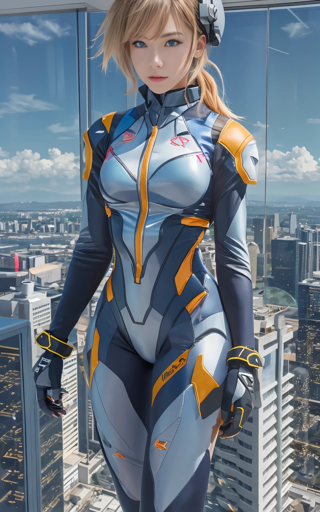 ((Best Quality)), ((masutepiece)), (Detailed: 1.4), (Absurd), Caucasian female fighter pilot ready for war, front walking, muscular sculptural body defined, Closed mouth, muscular body covered by technological clothing, Neon Genesis Evangelion Suit, Cyberpunk, generous neckline, ((perfect large breasts)), (blue eyes without pupils), long manga-style eyelashes, close to real, Crazy face, Sexy Pose, Centered, scale to fit the dimensions, nffsw (High dynamic range),Ray tracing,Hyper-Resolution,Unreal 5,Subsurface Dispersion, PBR Texture, Post-processing, Anisotropy Filtering, depth of fields, Maximum clarity and sharpness, Multilayer textures, Surface Shading, accurate simulation of light and material interactions, Perfect proportions, thirds rule, top-quality, in 8K, ultra-detailliert, Being on the roof of a skyscraper, Smooth bodysuit, zero suit, Hyper Realistic