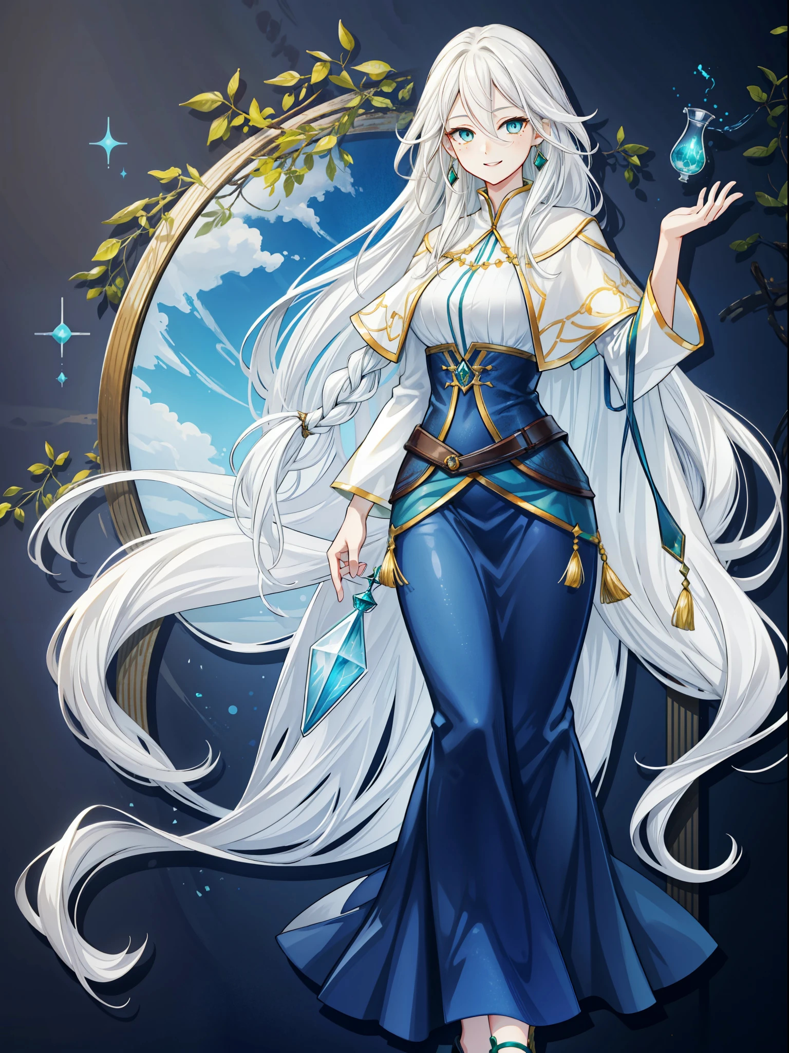 (high quality,HD,4k) short woman, mature woman, very long hair, white hair, wavy hair, emerald eyes, freckles, smiling, blue traveller clothes, athletic, potions, fullbody, dark fantasy