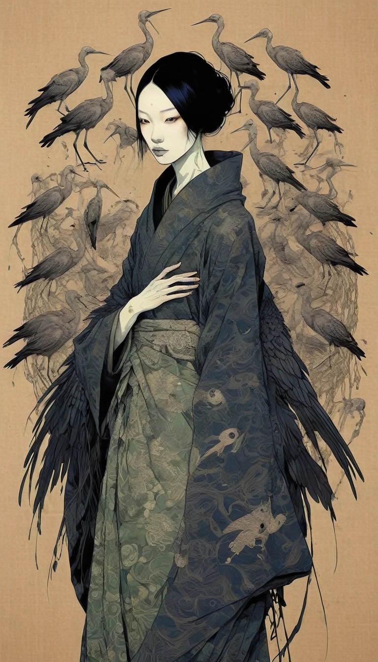 by Tsutomu Nihei,(strange but extremely beautiful:1.4),(masterpiece, best quality:1.4),in the style of nicola samori,Mantis, Ukiyo-e Art,Erik Madigan Heck Style page,,illustration,drawing,outline,bold outline,symmetry,tattoo design ,Alex Gross Style page, storks and raven