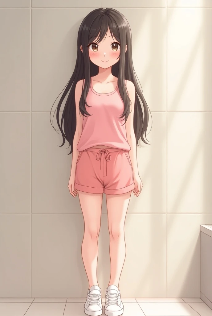Gradient with red tips, dark brown hair, Wavy hair, Twin tails, Long hair, Aqua eyes, 20 years old girl, A pleasant looking face, big rounds breasts, steam, (selfie1.5), front view, (from below), Side bangs down to the collarbone, With red gradient tips, full body, dolphin shorts, Pink camisole, close to viewer, open mouth, inside the room,