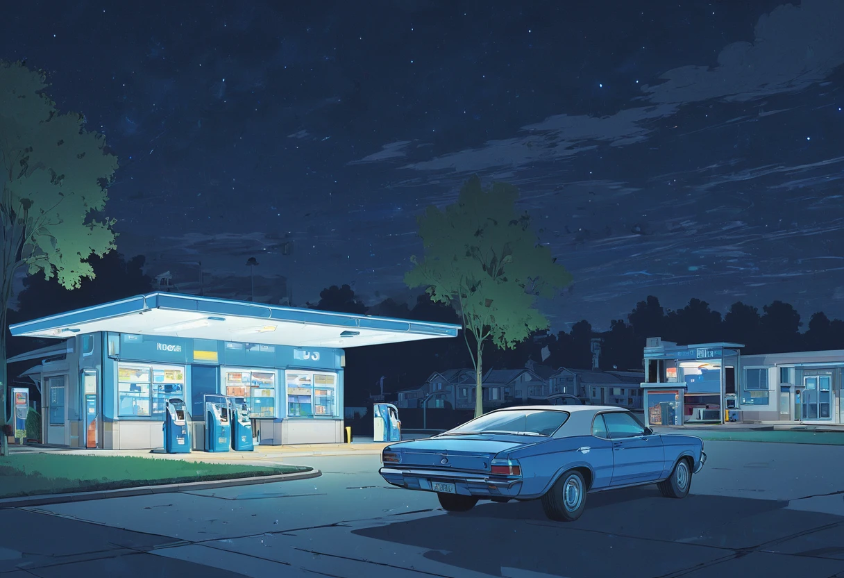 illustration with outline, , outdoors, sky, cloud, tree, blue sky, no humans, window, night, building, night sky, scenery , a car parked in front of a gas station, 