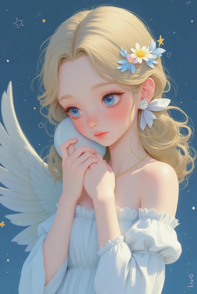 一个天使抱着一个moon的特写镜头, Star，moon， exquisite digital art, 可爱的数字艺术, Lovely art style,  cute digital painting , Realistic cute girl painting,  Lovely illustrations , Exquisite painting style,  Dreaming of Flying Through the Sky ,  可爱的细节艺术品 ,  软萌动漫插画, author：Li Song, author：The J, Beautiful digital illustrations