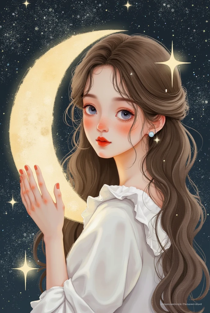 一个天使抱着一个moon的特写镜头, Star，moon， exquisite digital art, 可爱的数字艺术, Lovely art style,  cute digital painting , Realistic cute girl painting,  Lovely illustrations , Exquisite painting style,  Dreaming of Flying Through the Sky ,  可爱的细节艺术品 ,  软萌动漫插画, author：Li Song, author：The J, Beautiful digital illustrations