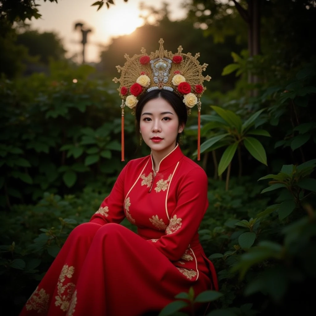 a photograph of a solitary figure in a vibrant, red Hanfu, embroidered with golden dragons, sits amidst a tangled, overgrown English garden. The setting sun casts long shadows through the dense foliage, illuminating the intricate details of her ornate headdress. Her eyes are downcast, a sense of melancholy pervading the scene. Soft focus, high contrast, and a muted color palette create a dreamlike atmosphere.