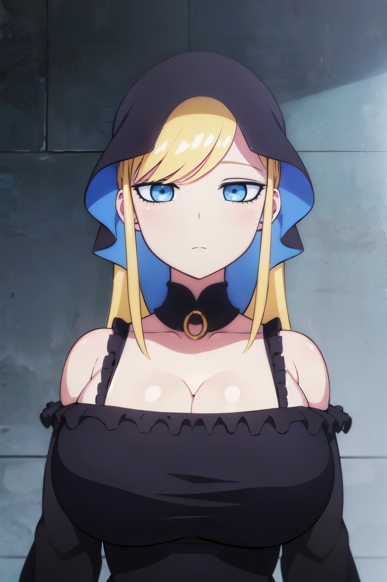 Blonde hair, very huge tits  , ((black dress),  thick, busty, blue eyes,  long hair, ((upperbody)), emotionless, cleavage, waist