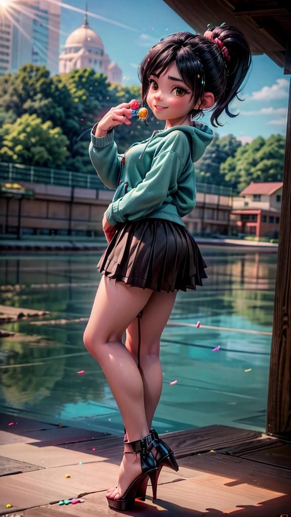 [Shipwreck_that_ralph_movie], ((masterpiece)), (( High Quality )), (( high definition )), (( beautiful portrait )), ((Front View)), ((whole body)), ((I can see your feet, visible legs, Advanced detailed feet, barefoot,  platform high heels )), ((美しいbackground)), { vanellope von Schwitz,  black hair,  red scrunchy ,  short ponytail, (Candy in your hair:1.2), (  cute half-closed brown eyes ), Adult female, Beautiful legs,  curvy hips , side- , A proud smile, White teeth}, {( aqua sweatshirt ), ( brown tufted skirt ), ( aqua striped pantyhose )}, {( standing on the raceway ), (Hand pocket with ), ( viewers)}, [background: ( Race Track ), (Confetti), ( blue sky), (Bright sun), ( sun rays )]、 white panties