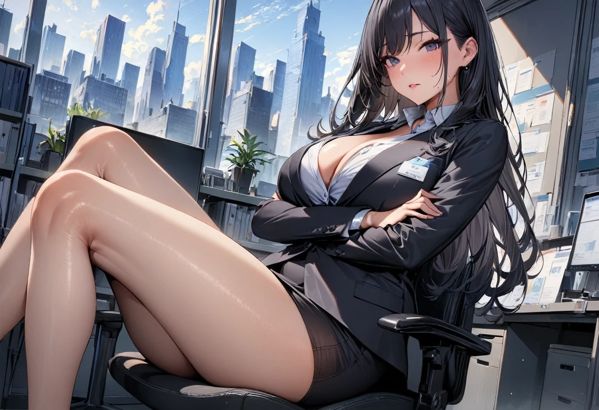 (masterpiece, best quality, ultra detailed, high resolution, detailed facial description), (1 woman:1.3), office lady suits, pencil skirt, large breast, long hair, black hair, black pantyhose, arms crossed, open legs, sitting on the office chair, office room