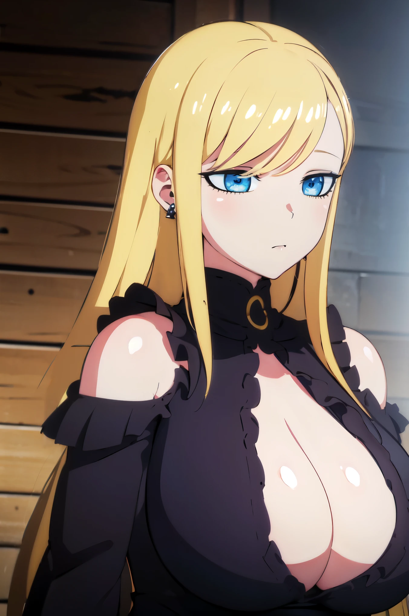 Blonde hair, very huge tits  , ((black dress),  thick, busty, blue eyes,  long hair, ((upperbody)), emotionless, cleavage, waist