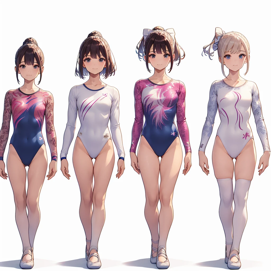 Gymnastics club,(3 girls:1.3),(long sleeves leotard:1.3),(brocade pattern leotard:1.3),(white leotard),full body, pony tail, blue ribbon, long hair,(gymsuit:1.3),over 20 years old, under 25 years old:1.2), ballet shoes, white background