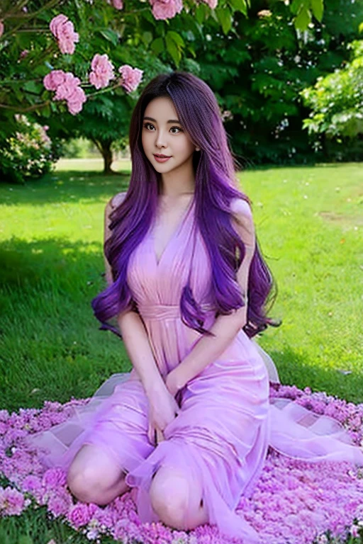 woman kneeling in flowers, Smooth anime CG art, one-girl，Wearing a light purple-pink long dress，Hair flutters，Purple hair、adolable，Pure，White tulle sun dress、Red blush，full bodyesbian，full body pov,highly detailed exquisite fanart,animemanga girl，Delicate facial features，delicate finger，Obvious joints，The thighs are invisible，Small ****