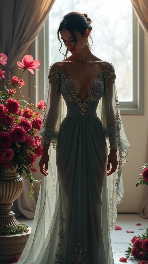 a beautiful young woman, Emma Watson, standing in a doorway, detailed facial features, porcelain skin, long brown hair flowing, emerald green eyes, warm smile, elegant posture, beautiful long dress, sunlight streaming through the doorway, soft lighting, intricate architectural details, detailed background, photorealistic, award-winning digital painting, cinematic, highly detailed, 8k, masterpiece
