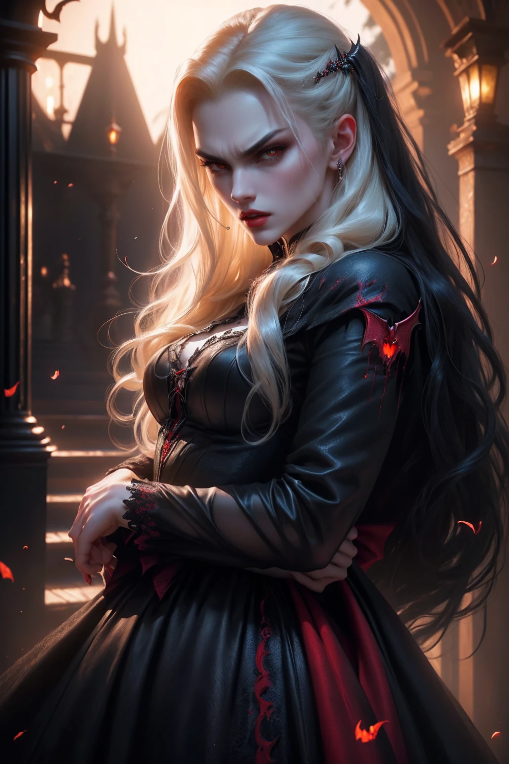 (beautiful vampire woman, pale skin, very long blonde hair, (red eyes), angry face, vampire fang, black gown, black victorian dress, piercing look, red lipstick, 4k, 8k, highres, masterpiece:1.2, ultra-detailed, realistic, photorealistic:1.37, HDR, UHD, studio lighting, ultra-fine painting, sharp focus, physically-based rendering, extreme detail description, professional, vivid colors, bokeh,whole body), dinamic poses, angry vampire face, (hug a vampire man with  long black hair, yellow eyes)