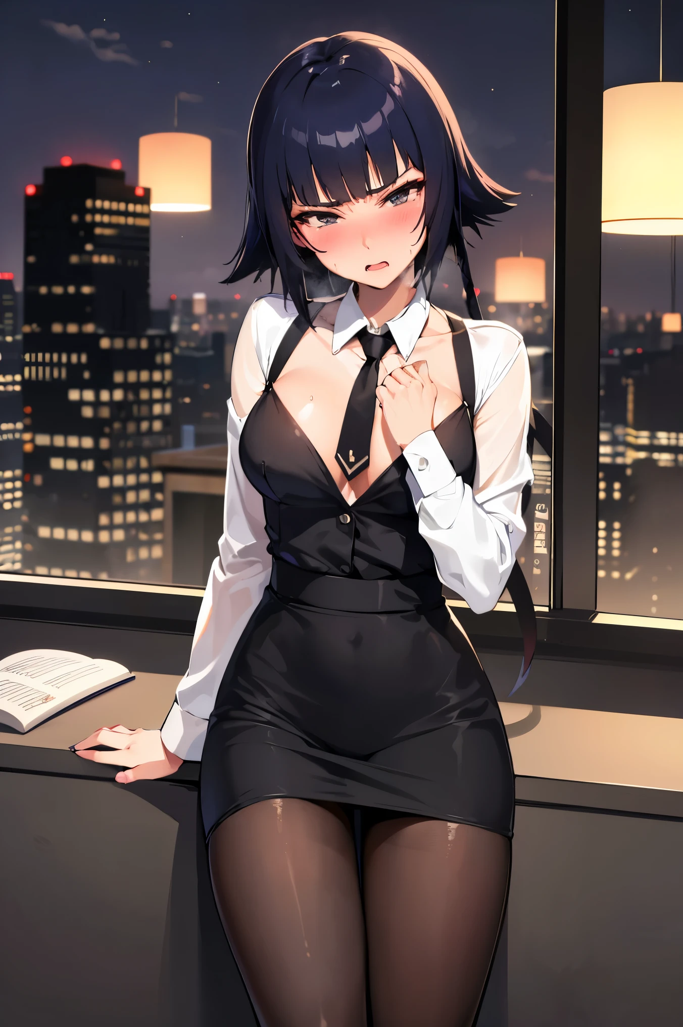 NSFW,masterpiece, best quality, high definition , very detailed,Soi Fon, shorthair 、 long hair,Dress shirt, Pencil Skirt , pantyhose, high heels,Wisdom face,Embarrassed,blush,Office at night, night office,Seduce,Frustrated face, Love Drops