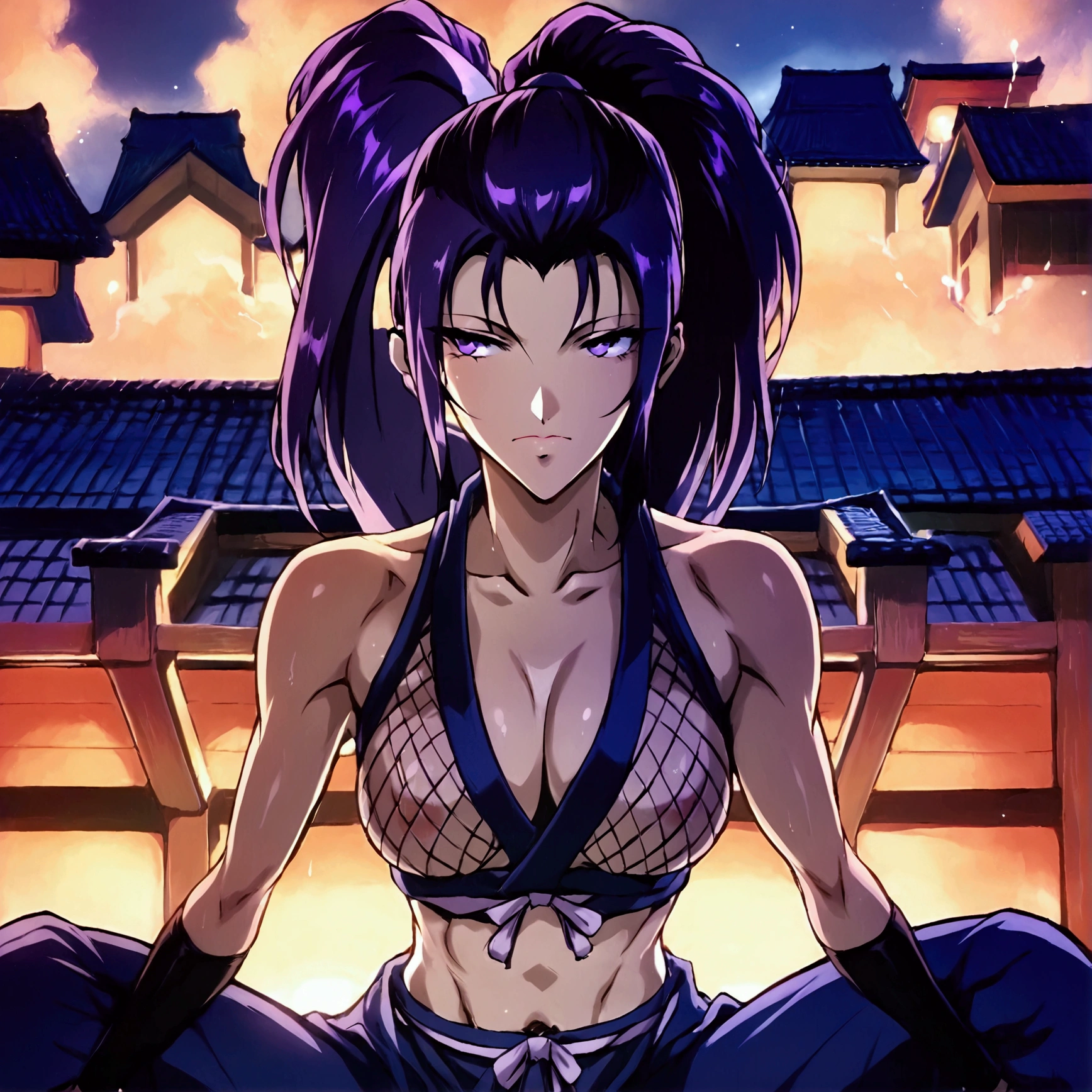 Beautiful Woman, kunoichi, 25 years old, athletic body, looking towards the camera, mischievous and inquisitive expression, voluminous breasts, dark purple hair, high ponytail, wear a tight net, ninja combat pose, bare feet, flexible, legs open, scene on top of a Japanese roof, full body photo, It's night.