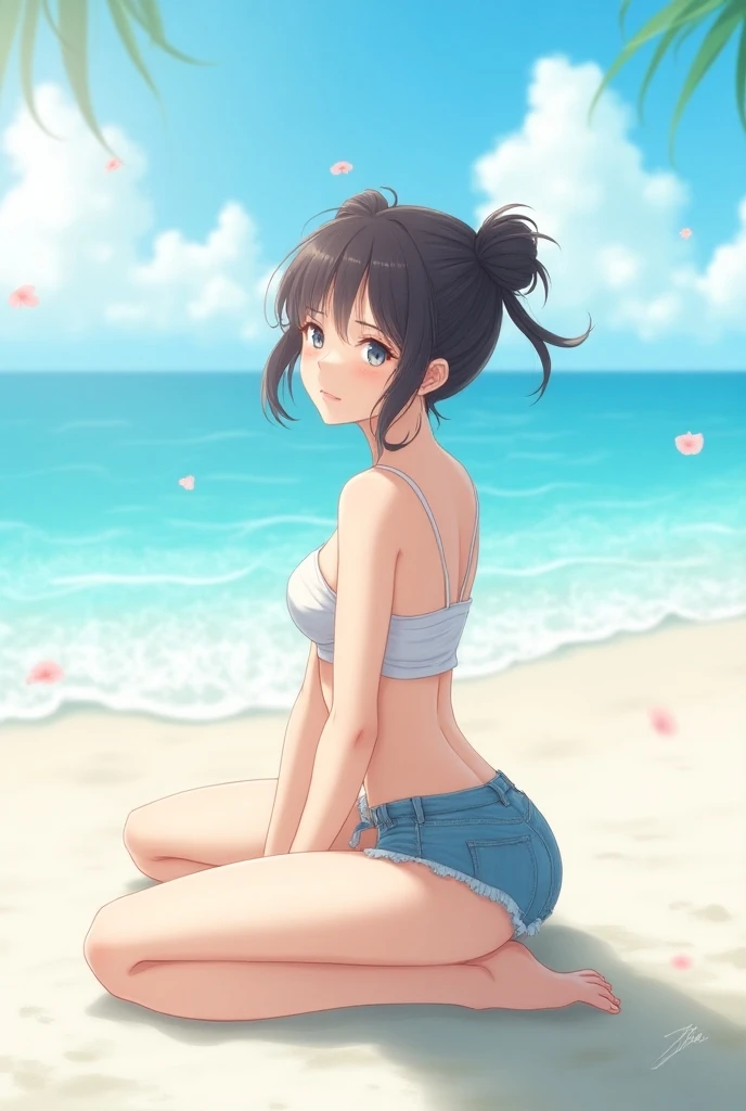 masterpiece, best quality, 1 girl, kinomoto sakura, antenna hair, brown hair, short hair, ponytail, green eyes, white tank top, pink panties, hands behind head, swimsuit, mouth closed, look of fear, solo, looking at viewer, sea, sand, blue sky, tropical island background, sticking her ass out, sexy position, leaning on table looking at viewer, solo, outdoors, blue sky, park background