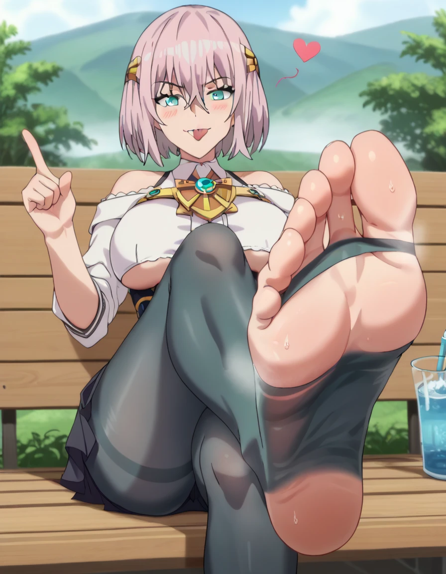 Score_up 9, Score_up 8, (((1girl))), Source_anime, Mujina, \(Mujina)\ , \(chill junky kink female feet)\, anatomy, best foot anatomy, \( Feet Egyptian anatomy )\ , one foot over the other, paired feet rubbing eagerly sexy breathtaking arched soles, crossed legs, (juicy sexy feet fanservice), secretary, viewer foot fetish, short pink hair, hair between eyes, bangs, turquoise eyes, ((half open eyes)), heart shaped thoughts, fitted underboob white shirt, trimmed toeless pantyhose, big thighs, waist wider than shoulders, smug, dominant sub female, Baddie. She is laid extensively on a outside bench displaying her musky tootsies on the edge of the bench, cropped fitted bodystocking, off shoulder green sweater, blushing, full body view, ultra masterpiece, HD, comfy atmosphere, (((droopy large breasts))), close up view of face, laying down sideways, demure pose, foreshortening, lewd smiling with tongue, huge curvy butt, demure pose, pantyhose thighs with bare open toes, feet, heels of the feet on top the bench, feet posing, showing the crossed rubbing feet kicked up, 5toes, (toe curling blissfully), best soles, steamy, sweaty pheromones, puffiness of the soles, stuffiness of the soles of the feet, toeless soles, pointing at feet, smell my feet <3, gesturing to viewer teasingly feet, (( im having my steamy juicy feet displayed just for you ;3))