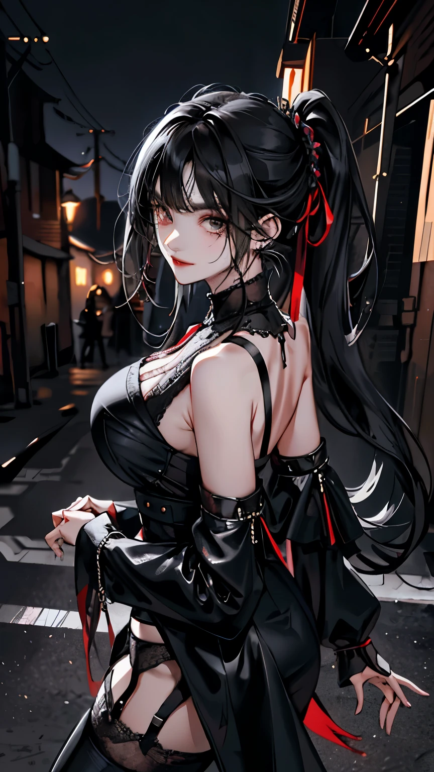 (high quality,best quality,masterpiece:1.2),1 girl,Beautiful and delicate eyes,Beautiful and delicate lips,Extremely detailed eyes and face,long eyelashes,black hair,red eyes,earrings,view from behind,Show back,skirt,Blood,dark atmosphere,gothic style,pale skin,color tattoo,cawing ravens,Unforgettable background music,mysterious lights,soft focus,bright colors